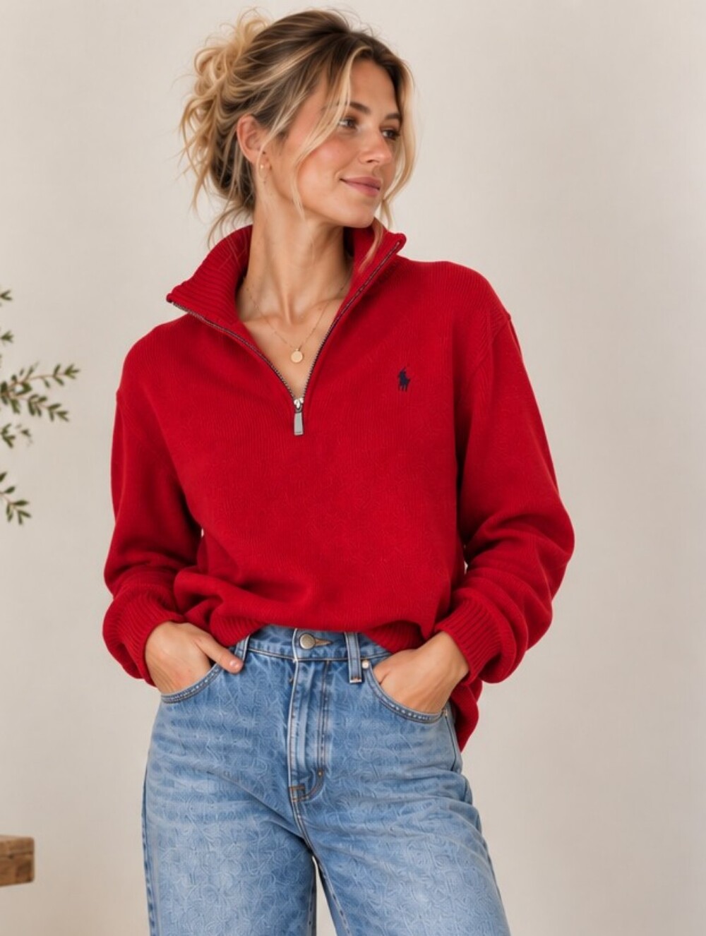 Polo Ralph Lauren Vintage Sweater 90s Y2K Red Quarter Zip Cotton Mock Neck Small
